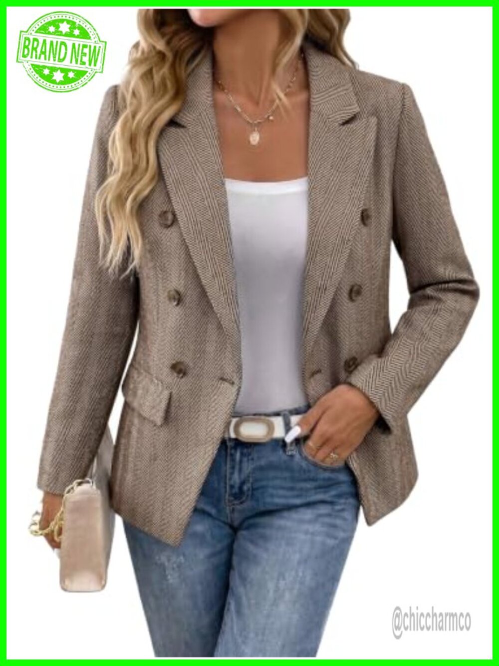 Womens Herringbone Tweed Blazer Double Breasted Business Casual Jacket
